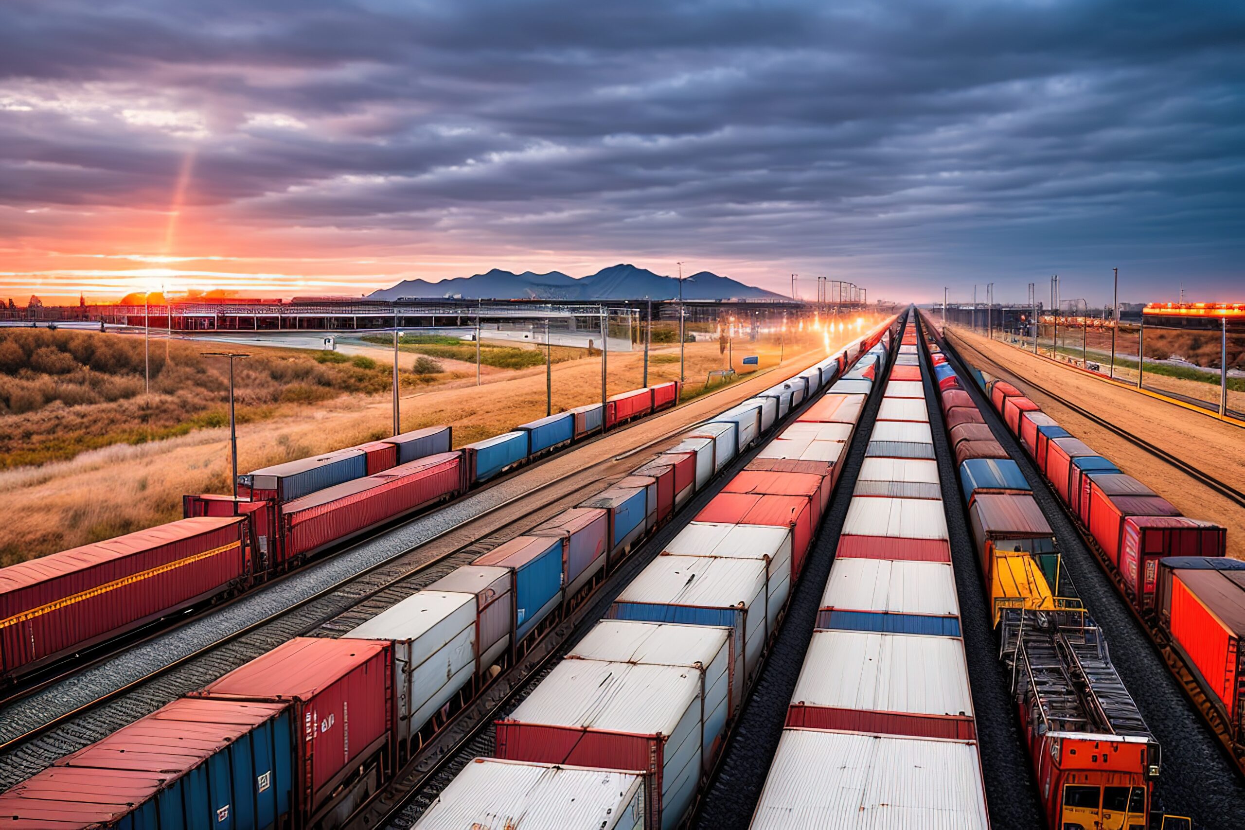 Aerial view of intermodal freight trains across a rail yard at sunset